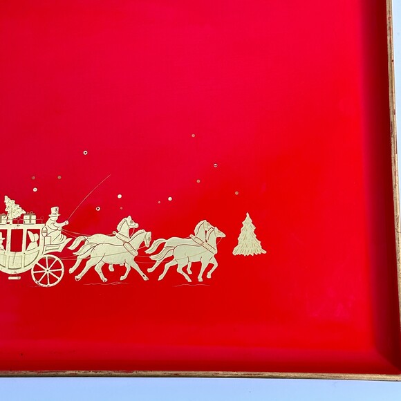 Vintage Otagiri Japan Red Lacquer Holiday Christmas ServingTray 80s - Picture 5 of 10